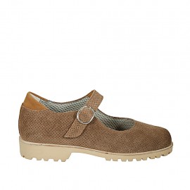 Damenschuh mit Riem aus braunem perforiertem Wildleder Absatz 3 - Verfügbare Größen:  33, 34, 43, 44, 45