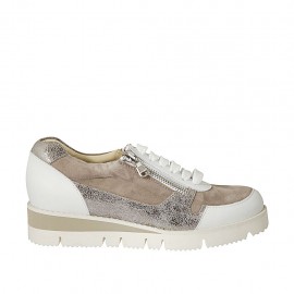 Zapato con cordones para mujer con cremallera en gamuza gris pardo, piel blanca y estampada laminada plateada cuña 3 - Tallas disponibles:  45