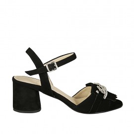 Sandalo da donna con cinturino, catena e frange in camoscio nero tacco 5 - Misure disponibili: 32, 33
