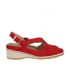 Sandalo da donna con elastici e plantare estraibile in camoscio rosso zeppa 4 - Misure disponibili: 33, 34, 43