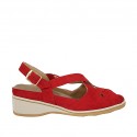 Woman's sandal with elastic bands and removable insole in red suede wedge heel 4