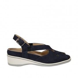 Sandalo da donna con elastici e plantare estraibile in camoscio blu zeppa 4 - Misure disponibili: 34