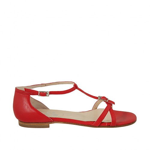 Zapato abierto para mujer con hebillas ajustables en piel roja tacon 1 - Tallas disponibles:  33, 43, 44