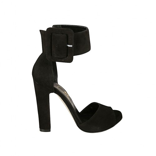 Zapato abierto para mujer con hebilla al tobillo y plataforma en gamuza negra tacon 11 - Tallas disponibles:  43