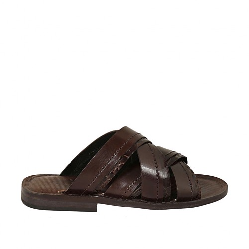 Men's slipper in dark brown leather and printed leather - Available sizes:  37, 38, 46, 47, 48, 49, 50