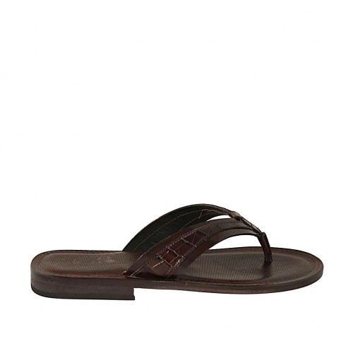 Men's flip-flop slipper in dark brown leather and printed leather - Available sizes:  37, 38, 46, 47, 48, 49, 50