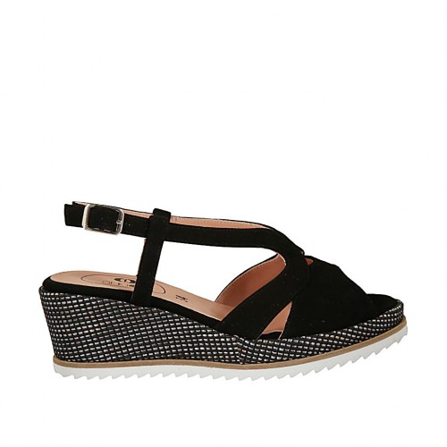 Sandalo da donna in camoscio nero e tessuto laminato argento con plateau e zeppa 6 - Misure disponibili: 42, 43, 45