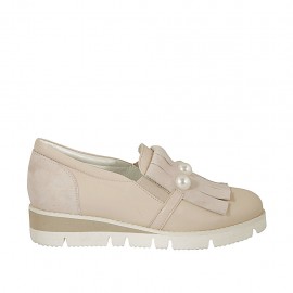 Woman's highfronted shoe with fringes, elastic and pearles in rose suede and leather wedge 3 - Available sizes:  44, 45