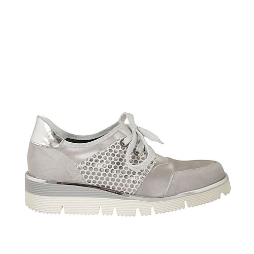 Woman's laced shoe in grey suede and printed suede, silver laminated leather and ivory satin wedge heel 3 - Available sizes:  42, 43, 44