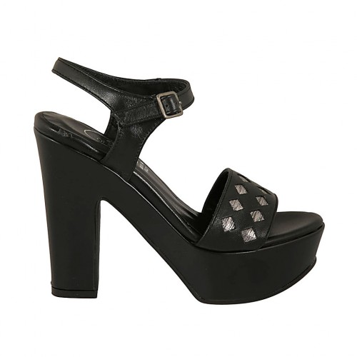 Sandalo da donna in pelle nera e stampata canna di fucile con cinturino, plateau e tacco 11 - Misure disponibili: 34, 43