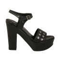 Woman's strap sandal in black and printed gunmetal grey leather with platform and heel 11