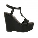 Woman's sandal in black leather with strap, platform and wedge heel 12