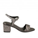 Woman's strap sandal in gunmetal grey printed laminated leather heel 6
