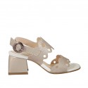 Woman's pierced printed champagne-colored sandal heel 5