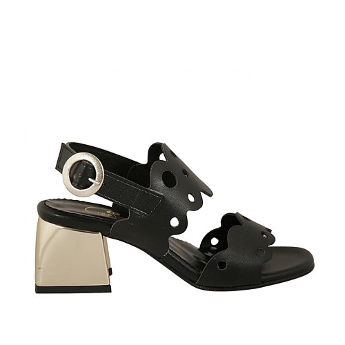 Woman's sandal in black pierced leather heel 5 - Available sizes:  31, 32, 33