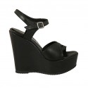 Woman's sandal in black leather with strap, platform and wedge heel 12