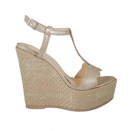 Sandale pour femmes en cuir champagne avec courroie, plateforme et talon compensé 12 - Pointures disponibles:  43, 44
