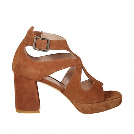 Chaussure ouverte pour femmes avec boucle et plateforme en daim tabac talon 7 - Pointures disponibles:  42