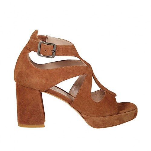 Zapato abierto para mujer con hebilla y plataforma en gamuza tabaco tacon 7 - Tallas disponibles:  42