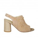 Woman's sandal with zipper, elastic bands and studs in powder suede and platinum laminated leather heel 7