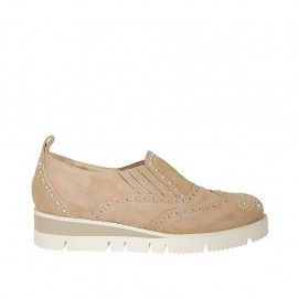 Woman's highfronted shoe with elastics and rhinestones in beige suede wedge 3 - Available sizes:  45