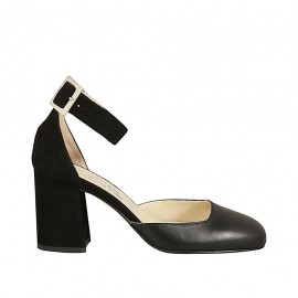 Escarpin ouvert pour femmes avec courroie de cheville en cuir et daim noir talon carré 7 - Pointures disponibles:  45