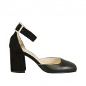 Woman's open shoe with ankle strap in black leather and suede block heel 7