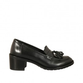Woman's loafer with tassels in black leather heel 5 - Available sizes:  43