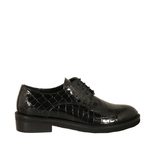 Zapato derby para mujer con cordones en charol negro imprimido tacon 3 - Tallas disponibles:  32