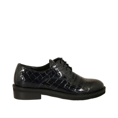 Zapato derby para mujer con cordones en charol azul imprimido tacon 3 - Tallas disponibles:  32, 43