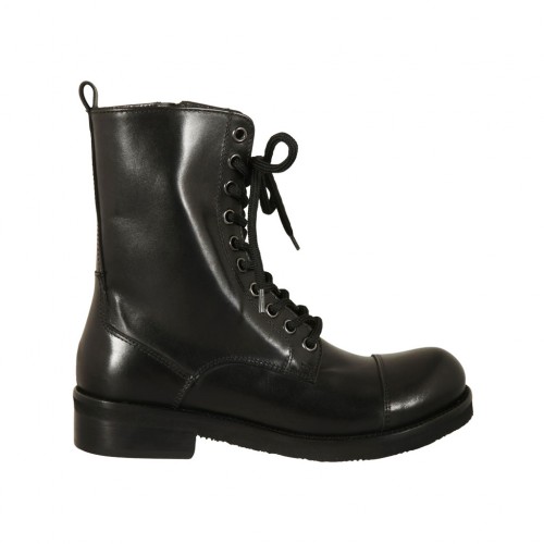 Bottines pour femmes stil combat avec lacets, fermeture éclair et bout droit en cuir noir talon 3 - Pointures disponibles:  32
