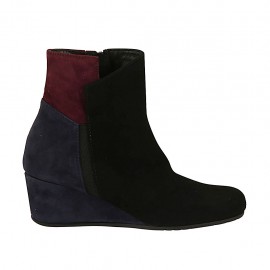 Stivaletto da donna con cerniera e elastico in camoscio bordeaux, blu e nero zeppa 5 - Misure disponibili: 33, 43, 44