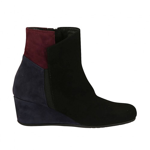 Bottines pour femmes avec fermeture éclair et elastique en daim noir, bleu et bordeaux talon compensé 5 - Pointures disponibles:  33, 43, 44