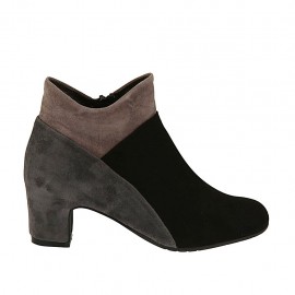Botines para mujer con cremallera en gamuza negra, gris y gris pardo tacon 5 - Tallas disponibles:  42, 43
