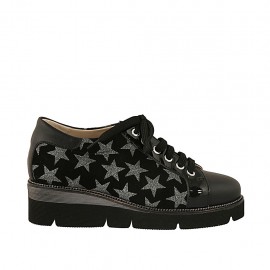 Scarpa stringata da donna in pelle e vernice nera e camoscio stampato nero e grigio zeppa 4 - Misure disponibili: 33, 34, 43, 44