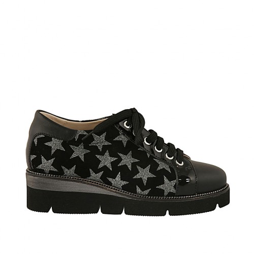 Scarpa stringata da donna in pelle e vernice nera e camoscio stampato nero e grigio zeppa 4 - Misure disponibili: 33, 34, 43, 44
