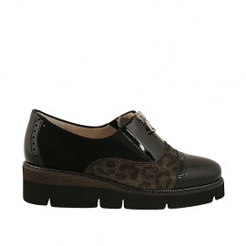 Scarpa accollata con cerniera e elastici da donna in vernice e camoscio nero e stampato zeppa 4 - Misure disponibili: 33, 34, 43, 45