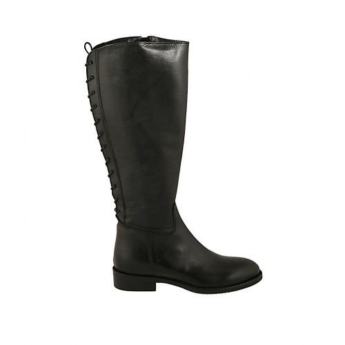 Botas para mujer con cremallera y cordones en la parte trasera en piel negra tacon 3 - Tallas disponibles:  32