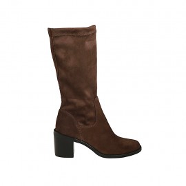 Botas de media caña para mujer en gamuza y material elastico marron con tacon 6 - Tallas disponibles:  42