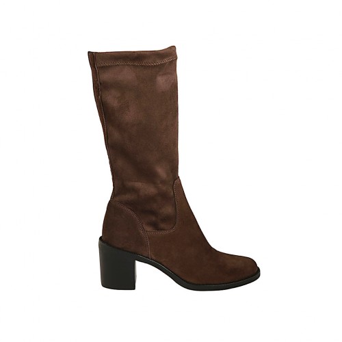 Stivale alto al polpaccio da donna in camoscio ed elasticizzato marrone tacco 6 - Misure disponibili: 42