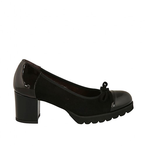 Decolté da donna con fiocco in vernice e camoscio nero tacco 5 - Misure disponibili: 32, 43