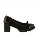 Woman's pump with bow in black suede and patent leather heel 5