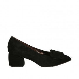 Zapato de salon a punta para mujer en gamuza negra con hebilla tacon cuadrado 5 - Tallas disponibles:  32, 33, 34