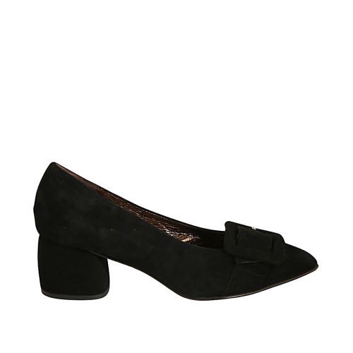 Woman's pointy pump in black suede with buckle block heel 5 - Available sizes:  32, 33, 34
