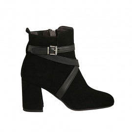 Botines para mujer con cremallera y hebilla en gamuza y piel negra tacon 7 - Tallas disponibles:  43, 44