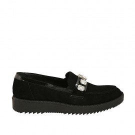 Woman's loafer in black patent leather and suede with rhinestones wedge heel 3 - Available sizes:  45