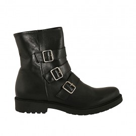 Botin para mujer con cremallera y tres hebillas en piel negra tacon 3 - Tallas disponibles:  45, 46