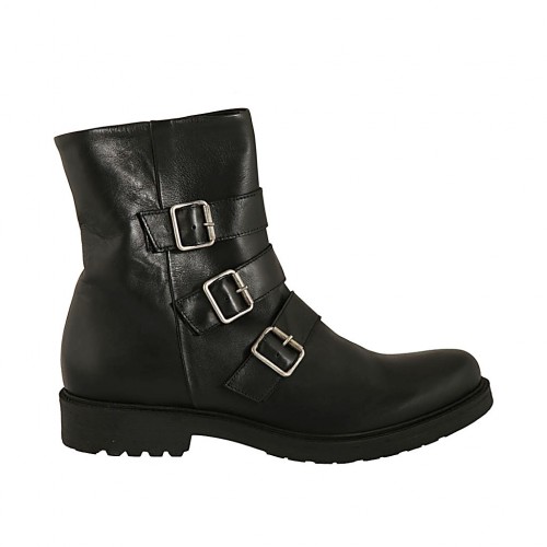 Stivaletto da donna con cerniera e tre fibbie in pelle nera tacco 3 - Misure disponibili: 44, 45, 46