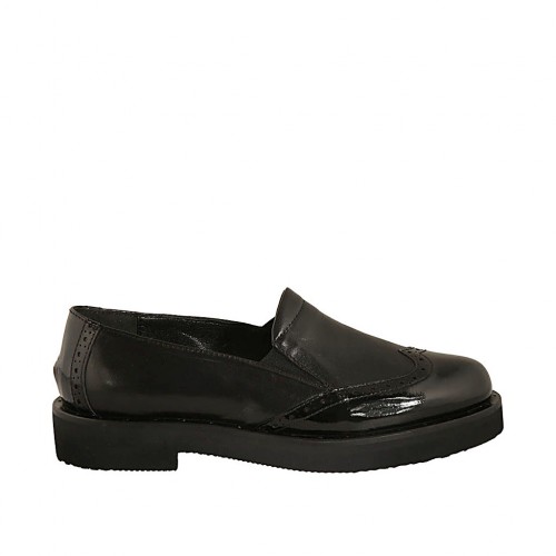 Mocasino para mujer con elasticos en piel y charol negro tacon 3 - Tallas disponibles:  33, 34
