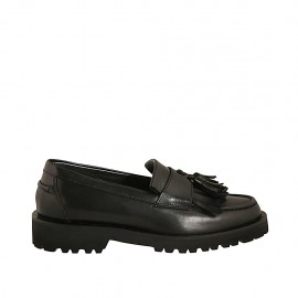 Mocassino da donna con nappine in pelle nera tacco 3 - Misure disponibili: 33